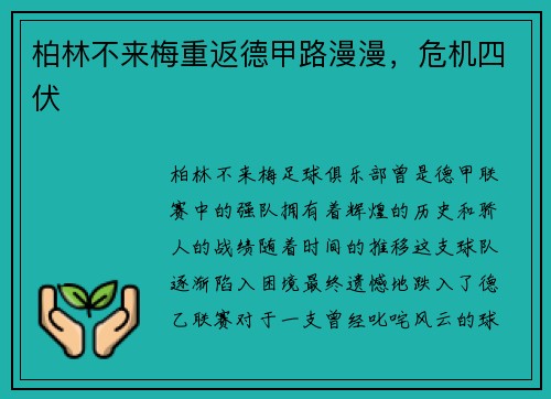 柏林不来梅重返德甲路漫漫，危机四伏